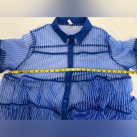 C Yard Blue Sheer Striped Button Front Peplum Top, Size Large - Picture 8 of 12